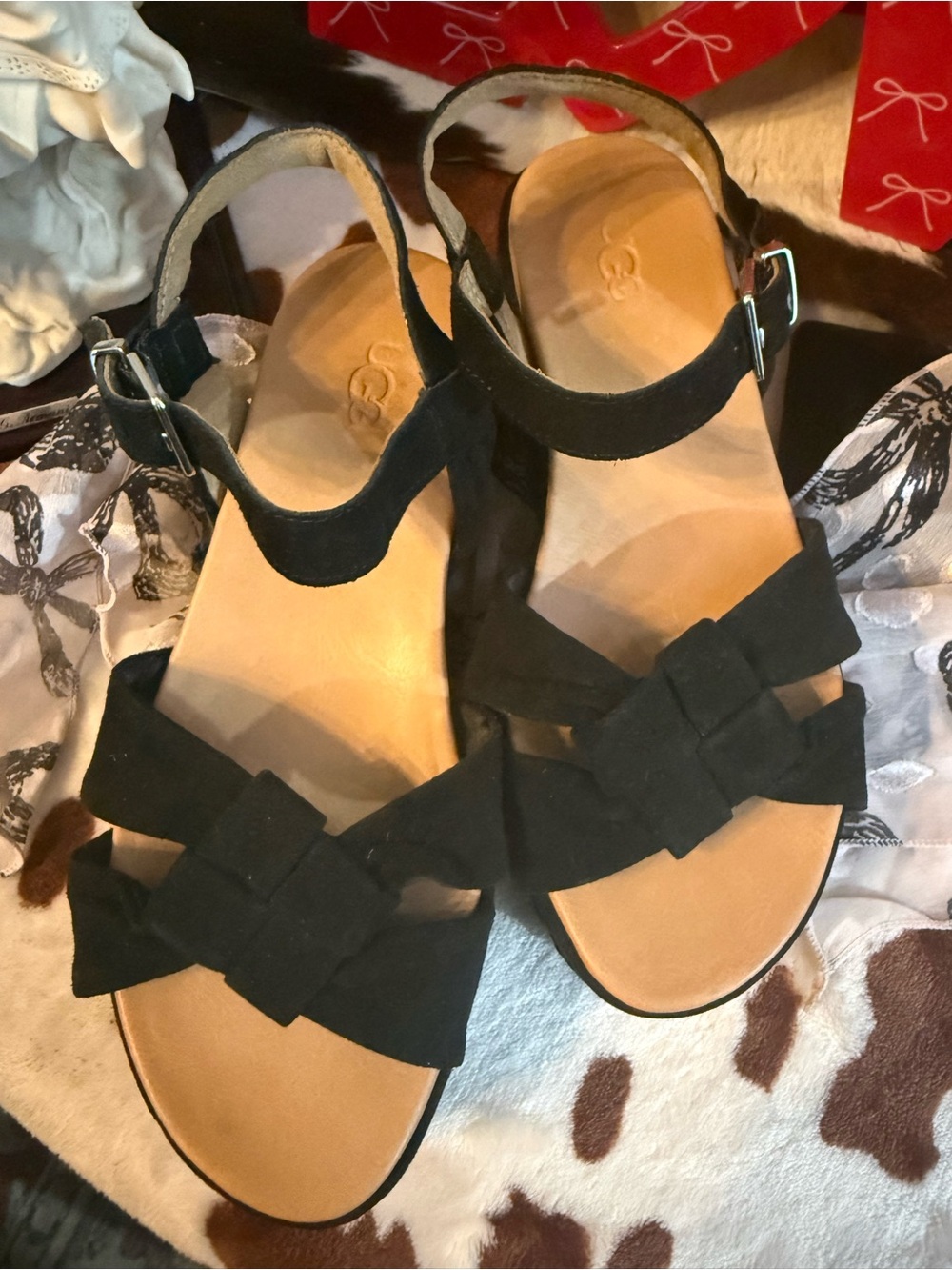 UGG Black Bow Ankle-Strap Sandals